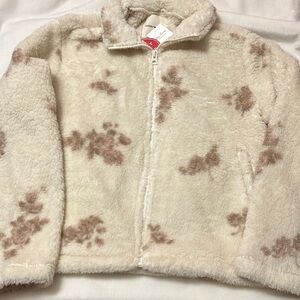 NWT Lucky Brand Cream w Pink/Brown Flower Sherpa Long Sleeve Jacket woman’s S